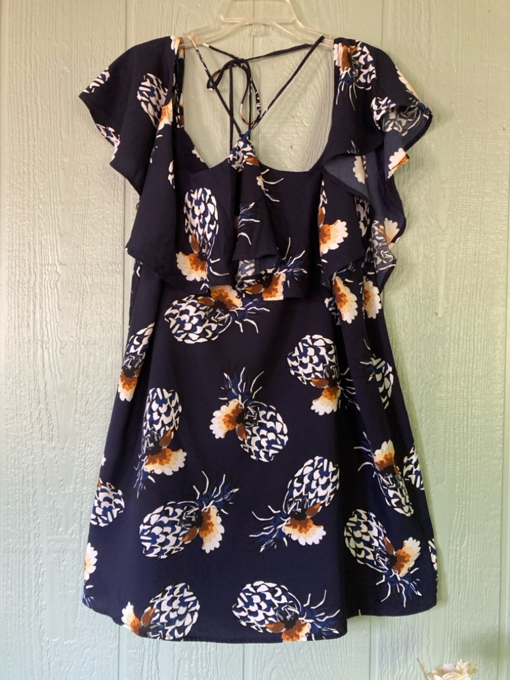 Lulu’s XL strappy off shoulder tie neck navy pineapple pattern dress
